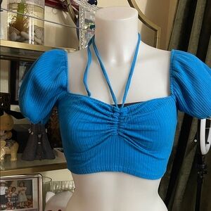 Zara Cropped Short Puffed Sleeve Blue Top Size Small